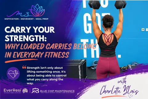 Woman lifting dumbbells overhead in gym with motivational fitness text and logos on blue and purple background.