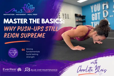 Woman performing push-ups in gym with text promoting basics of push-ups and lasting strength tips.