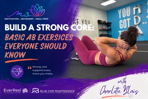 Woman in gym performing ab exercises promoting core strength with motivational text and sponsor logos.