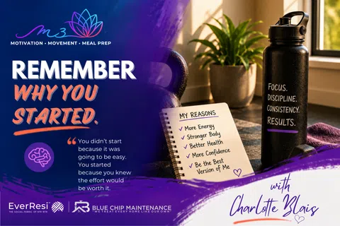 Motivational fitness graphic with goals list, water bottle, and inspiring text to remember why you started.