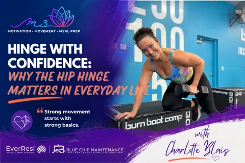 Woman performing hip hinge exercise with weights at Burn Boot Camp gym, promoting movement and confidence.