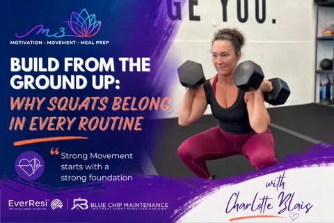 Woman performing dumbbell squats in gym emphasizing strong movement and fitness foundation with motivational text.