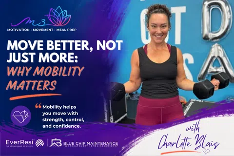Woman in workout attire holding dumbbells smiling in gym promoting mobility and strength training.