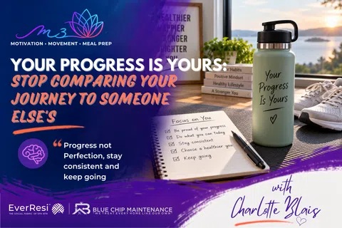 Motivational quote on progress with water bottle, notebook checklist, running shoes, and inspirational books on wooden table.