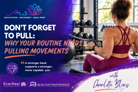 Woman in burgundy workout gear performing seated cable row in gym with motivational pull reminder text.