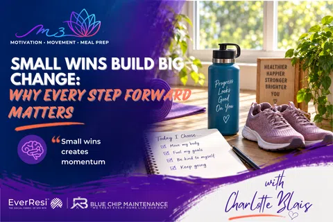 Workout essentials with motivational notes, water bottle, sneakers, and yoga mat encouraging progress and small wins.