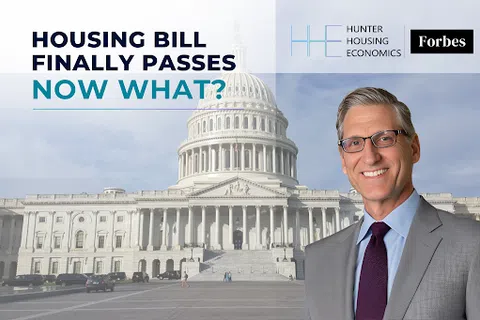 Man in suit and glasses stands in front of the US Capitol building with text about a housing bill passing.