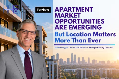 Professional man in suit stands by modern apartments with city skyline at sunset, overlaid text about apartment market opportunities.