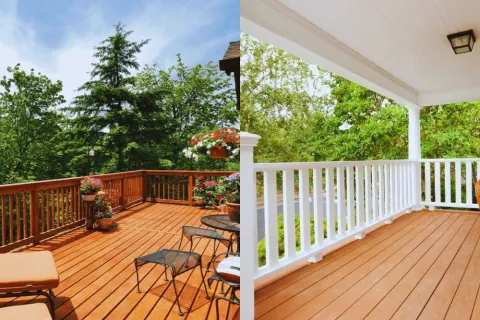 Side-by-side images of wooden decks, one open with patio furniture and one covered with white railing, surrounded by trees.