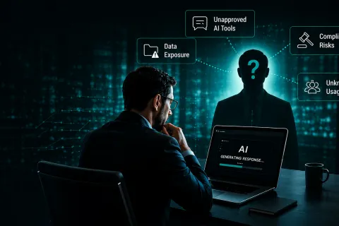 Man analyzing AI risks on laptop with holographic indicators of data exposure, compliance, and unknown usage.