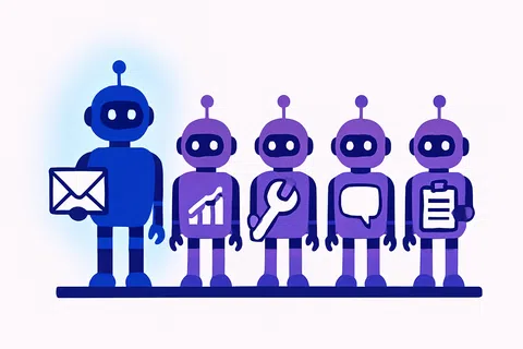 Row of five robots in blue and purple, each holding icons for email, growth, tools, chat, and checklist.