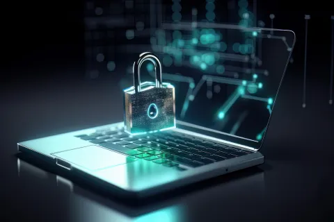 3D padlock on laptop keyboard representing cybersecurity and data protection with digital interface background.