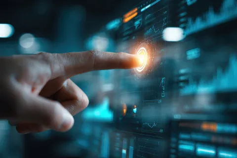 Hand touching a glowing interface on a futuristic digital screen with data charts and holograms.