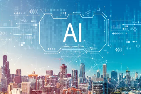 Modern city skyline with digital AI network and futuristic data interface overlay under a clear blue sky.