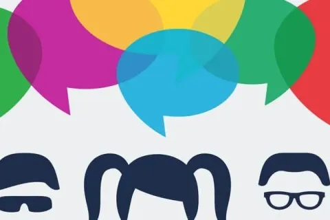 Colorful speech bubbles above diverse character silhouettes, symbolizing communication and conversation.