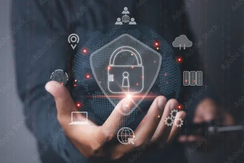 Hand holding digital lock icon surrounded by cybersecurity and data protection symbols on dark background