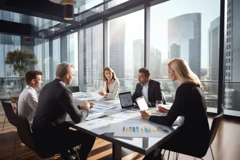 Business team in modern office discussing charts and graphs during a meeting with city skyline in background