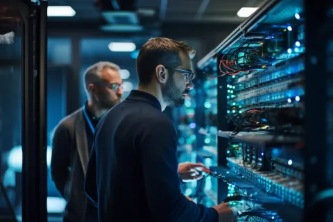 Two IT professionals working on network servers in a dimly lit data center with blue LED lights.