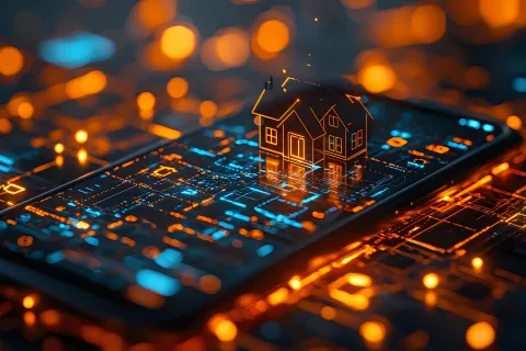 Digital house model displayed on smartphone with futuristic blue and orange circuit board background.