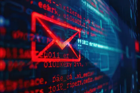 Red digital envelope icon with overlay of code representing cybersecurity and email hacking threats.
