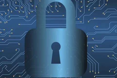 A digital lock icon against a blue circuit board background, symbolizing cybersecurity and data protection.