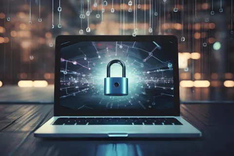 Laptop displaying a digital padlock symbolizing cybersecurity and data protection on a dark background.