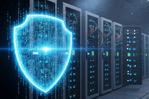 Glowing digital shield symbolizing cybersecurity in a server room with multiple data racks and blue lights.
