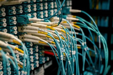 Close-up of network server with multiple blue and yellow fiber optic cables connected to ports in a data center rack.