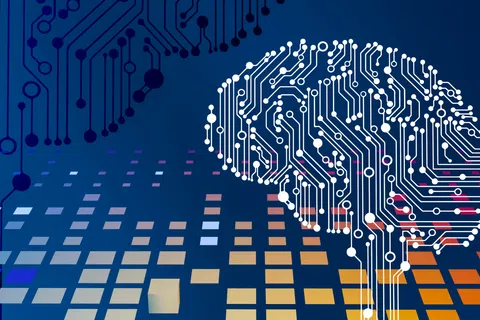Digital brain illustration with circuit patterns over a colorful pixelated dark blue background representing technology and AI.
