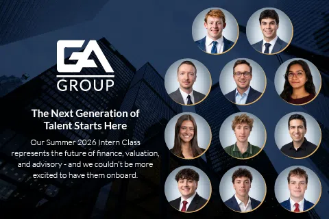 Collage of GA Group Summer 2026 interns with company logo and text about finance and advisory talent.