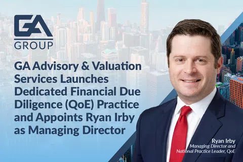 GA Group announces new financial due diligence practice and appoints Ryan Irby as managing director with city skyline.