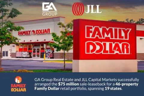 Family Dollar store exterior with prominent red signage and logos of GA Group and JLL above during sunset.