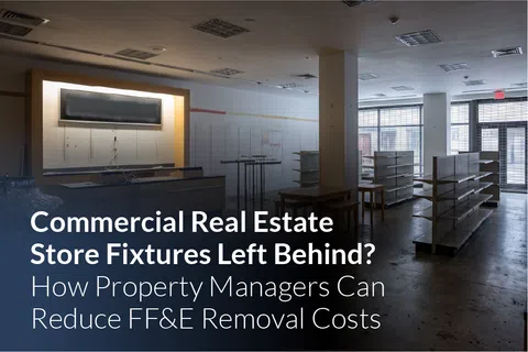 Empty commercial retail space with store fixtures and shelving left behind under dim lighting.