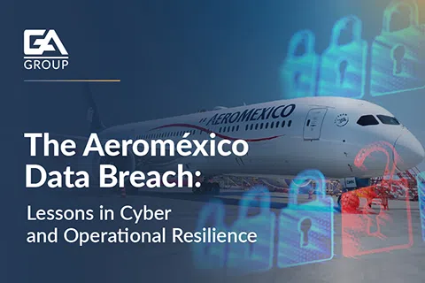 Aeroméxico airplane with text about data breach and cyber resilience, featuring digital padlock icons.