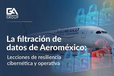 Aeroméxico plane with digital padlock icons representing data breach and cybersecurity resilience lessons.