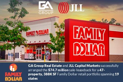 Family Dollar store exterior with red signage, trees, and GA Group and JLL logos at sunset.