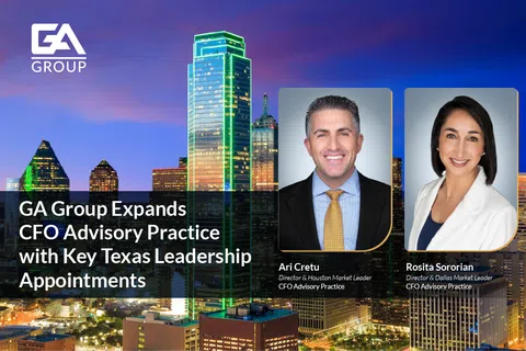 GA Group announces CFO advisory expansion with Ari Cretu and Rosita Sororian against Dallas skyline at dusk.