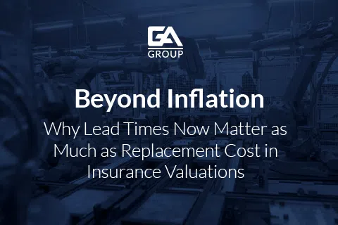 EA Group banner on industrial machinery emphasizes lead times and replacement cost in insurance valuations beyond inflation.