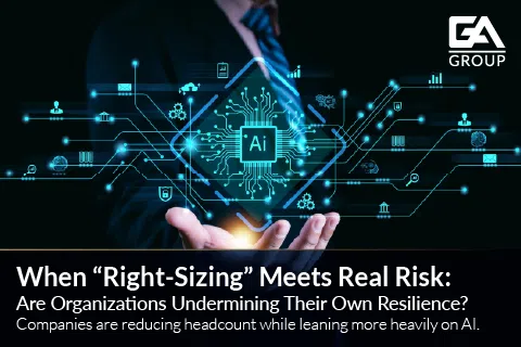 Screenshot of a ChatGPT interface with text about organizational risks of right-sizing and AI reliance.