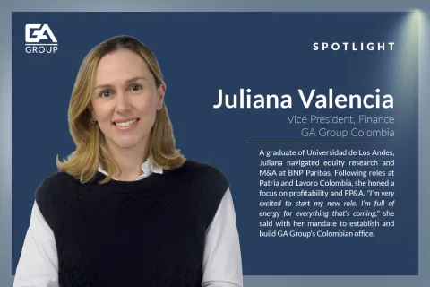 Professional portrait of Juliana Valencia, Vice President Finance at GA Group Colombia with company logo and bio text on blue background