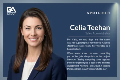 Professional portrait of Celia Teehan, Sales Administrator, smiling against a blue corporate background with text spotlight.