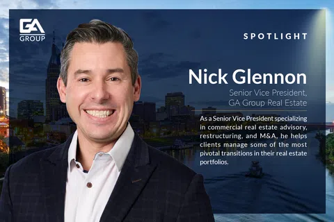 Portrait of Nick Glennon, Senior Vice President at GA Group Real Estate, with cityscape background.