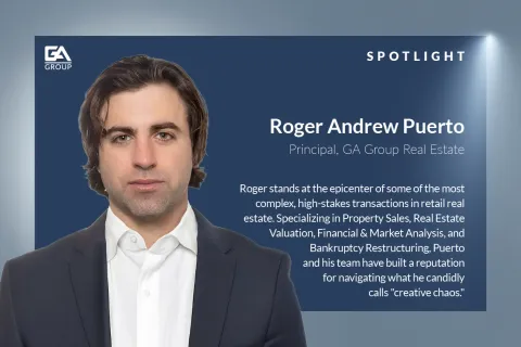 Portrait of Roger Andrew Puerto, Principal at GA Group Real Estate, with professional bio and company logo on blue background.