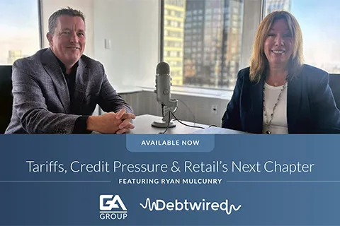 Two professionals sitting at a table with a microphone discussing tariffs, credit pressure, and retail trends.