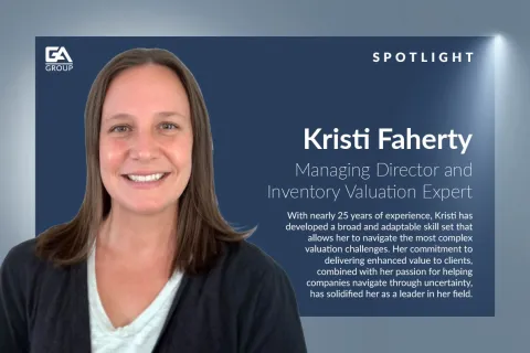 Portrait of Kristi Faherty, Managing Director and Inventory Valuation Expert, with a professional background description.