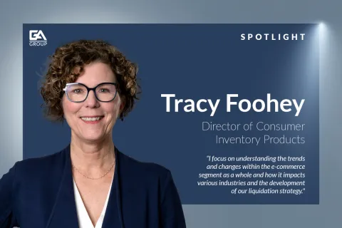 Portrait of Tracy Foohey, Director of Consumer Inventory Products, with a quote on e-commerce trends and liquidation strategy.