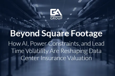 EA Group logo with data center aisle background and text about AI, power constraints, and lead time in insurance valuation.