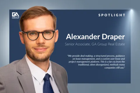 Professional portrait of Alexander Draper, Senior Associate at GA Group Real Estate with quote on lease management