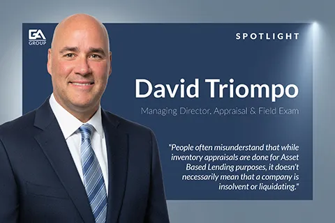 Portrait of David Triompo, Managing Director, with a quote about inventory appraisals in asset-based lending.