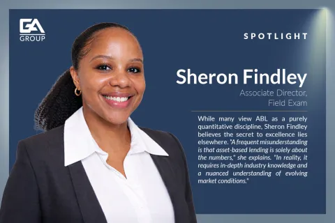 Smiling professional woman Sheron Findley, Associate Director at GA Group, featured in a spotlight with quote on asset-based lending.